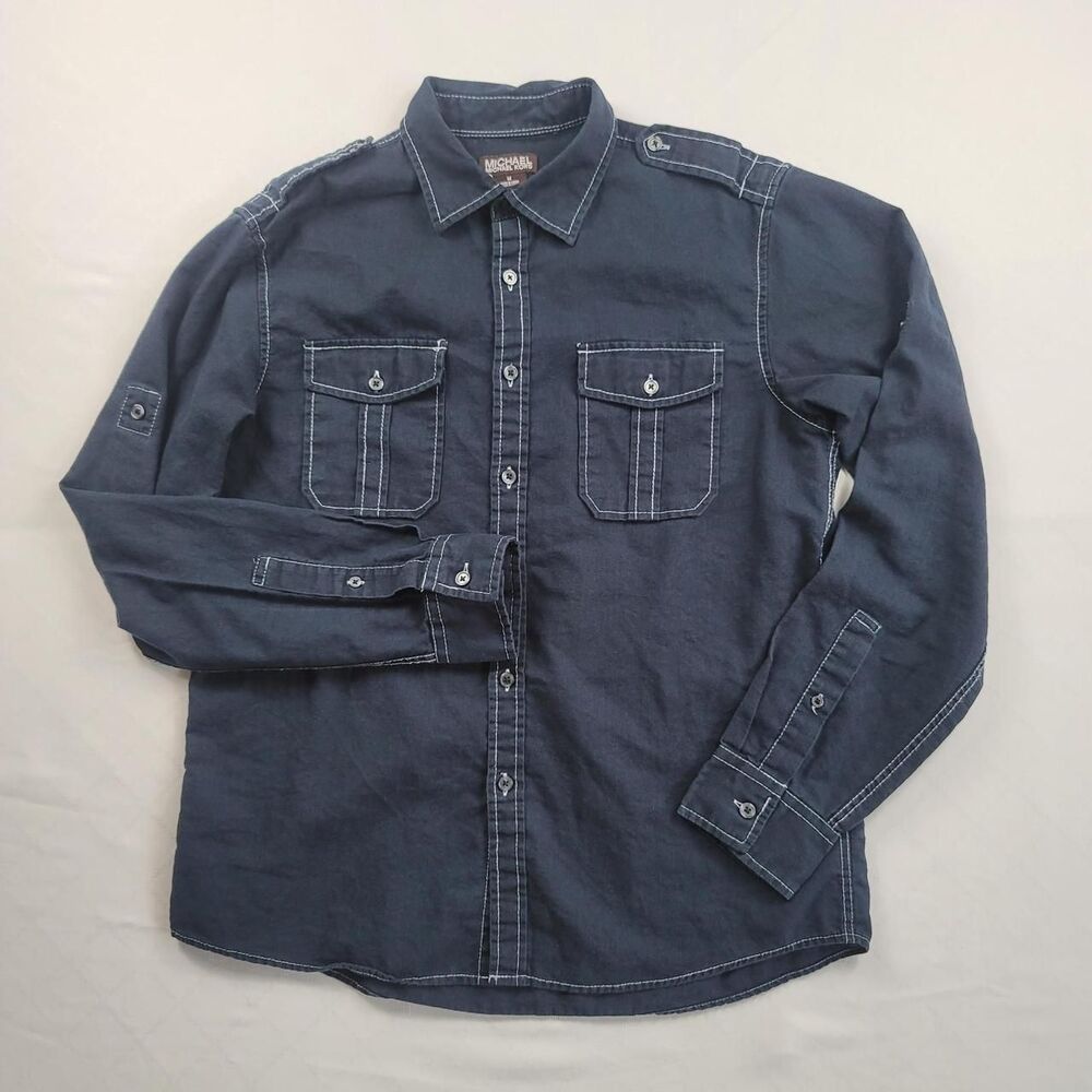 Michael Kors Navy Linen Cotton Button-Down Shirt Contrast Stitch Men's M Utility